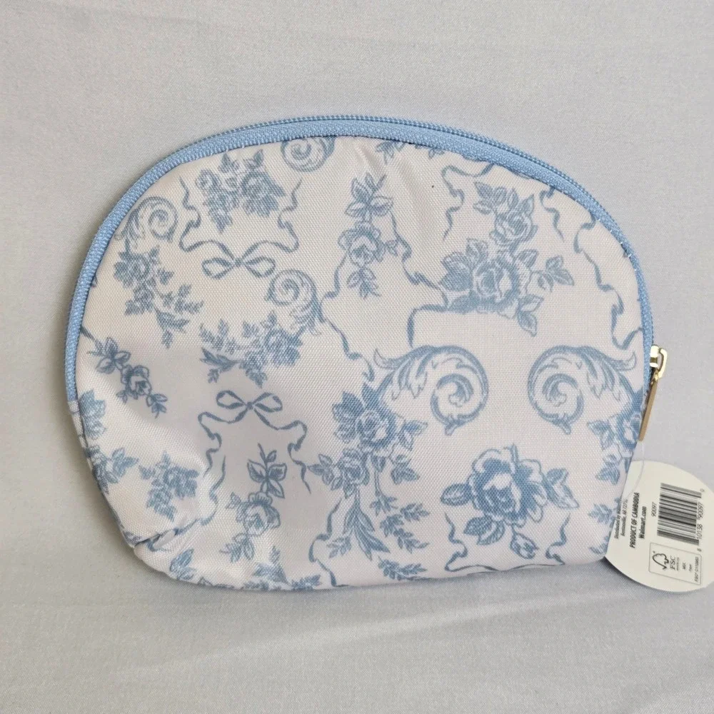 Set of 2 Floral Travel Cosmetic Zipper Pouches White Blue Pink 5.5